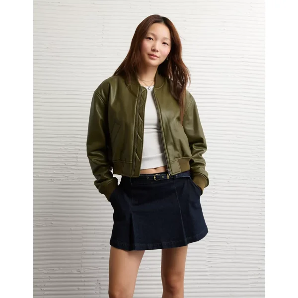 AE Faux Leather Cropped Bomber Jacket - Olive