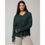 OFFLINE By Aerie Wow! Waffle Notch Neck Long Sleeve T-Shirt - Mystical Green