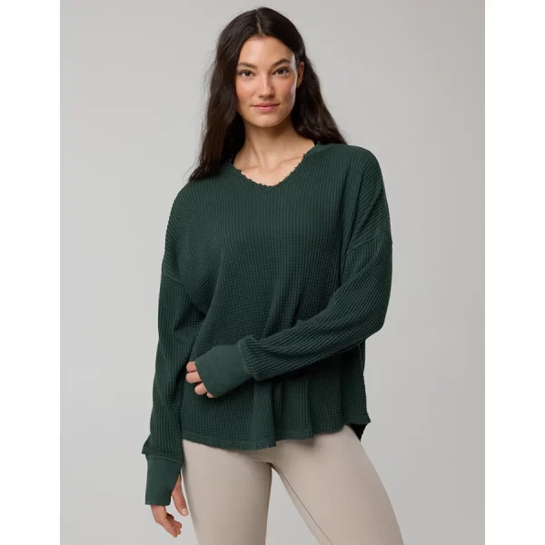 OFFLINE By Aerie Wow! Waffle Notch Neck Long Sleeve T-Shirt - Mystical Green