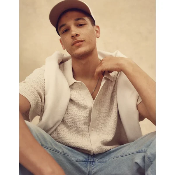 AE Weekend Button-Up Sweater Polo Shirt - Oatmeal Heather