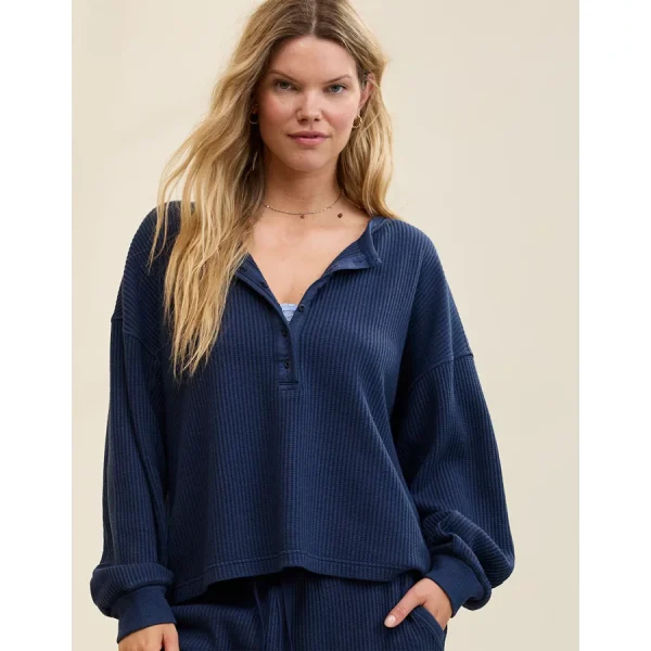 Aerie Waffle Henley Sweatshirt - Navy