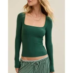 SMOOTHEZ Square Neck Long Sleeve T-Shirt - Rugged Green