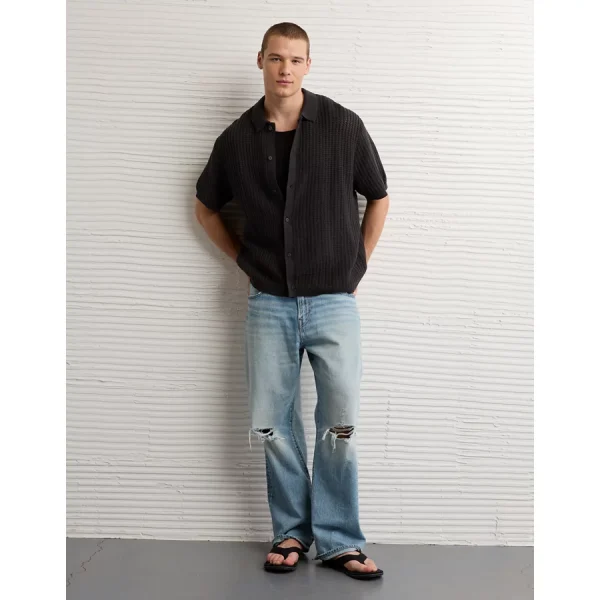 AE Weekend Button-Up Sweater Polo Shirt - Faded Black