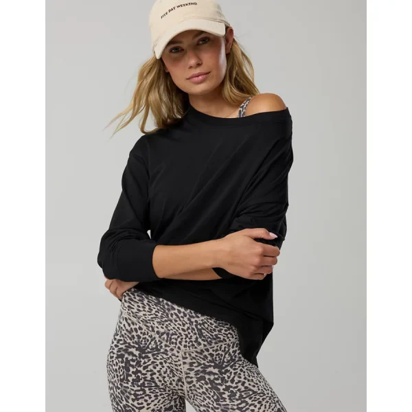 OFFLINE By Aerie Let's Stretch Long Sleeve Boyfriend T-Shirt - True Black