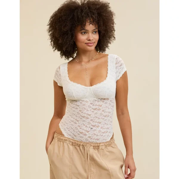Show Off Vintage Lace Short Sleeve Bodysuit - Soft Muslin