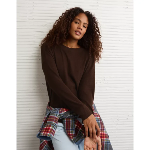 AE Long Sleeve Plush Crew Neck Top - Chocolate