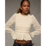 AE Long Sleeve Smocked Babydoll Blouse - Cream