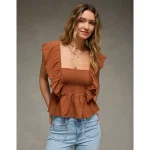 AE Sunchaser Knit Flutter Sleeve Babydoll Shirt - Amber Brown