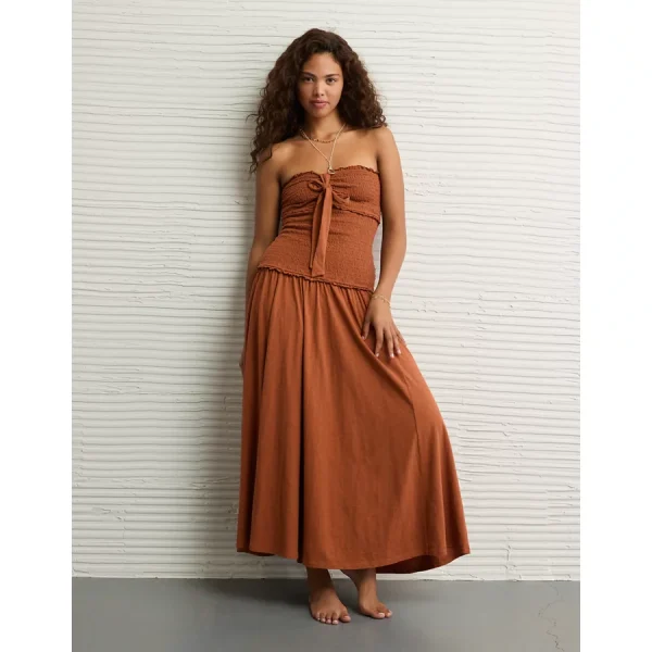 AE Sunchaser Knit Smocked Drop Waist Midi Dress - Amber Brown