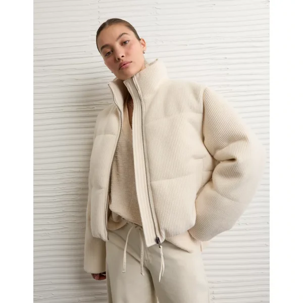 AE Cropped Sweater Puffer Jacket - Cream
