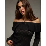AE Ruffle Off-The-Shoulder Sweater - Bold Black