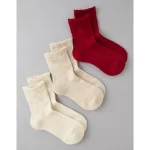 AE Scalloped Cropped Crew Socks 3-Pack - Burgundy