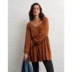 AE Sunchaser Knit Long-Sleeve Scoop Neck Mini Dress - Amber Brown