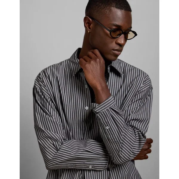 AE77 Premium Relaxed Striped Poplin Button-Up Shirt - Navy