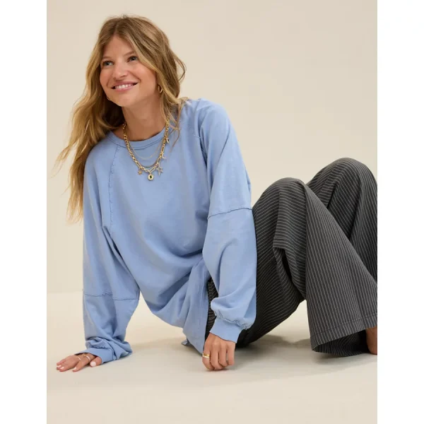 Aerie Cozy Long Sleeve Oversized Boyfriend T-Shirt - Monaco Blue