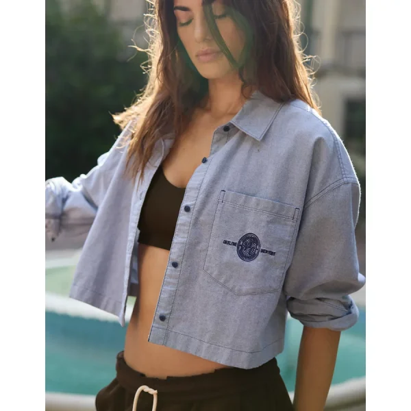 OFFLINE By Aerie Cropped Button Up Shirt - Royal Navy