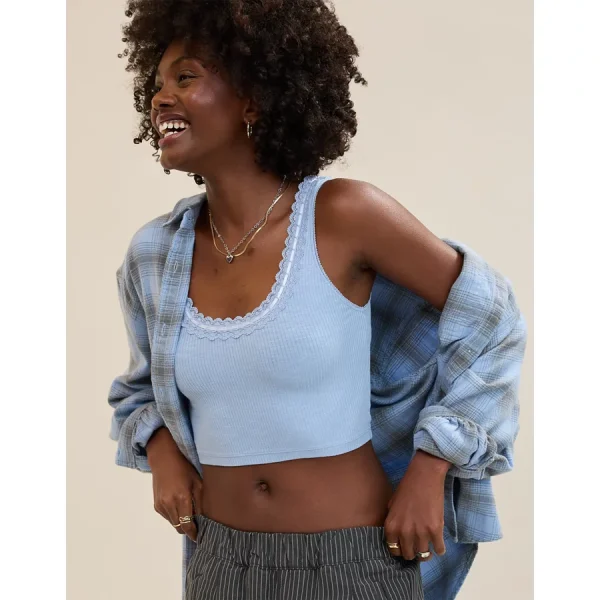 Superchill Cotton Rib Lace Tank Top - Monaco Blue