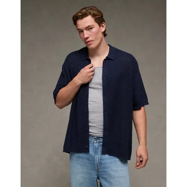 AE Weekend Button-Up Sweater Polo Shirt - Rich Navy