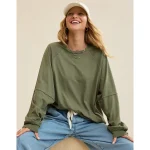Aerie Cozy Long Sleeve Oversized Boyfriend T-Shirt - Olive Fun