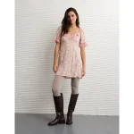 AE Printed Lace Tie Front Mini Dress - Dusty Pink