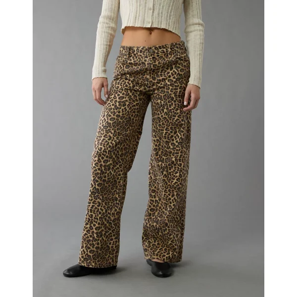 AE Stretch Leopard Low-Rise Baggy Wide-Leg Pant - Brown