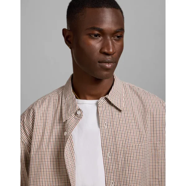 AE77 Premium Relaxed Striped Poplin Button-Up Shirt - Khaki