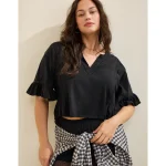 Aerie Flowy Cropped Notch Neck T-Shirt - True Black