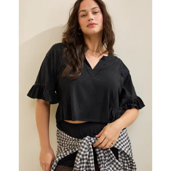 Aerie Flowy Cropped Notch Neck T-Shirt - True Black