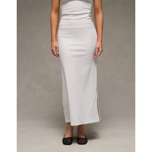 AE High-Waisted Ribbed Knit Maxi Skirt - Light Heather Gray