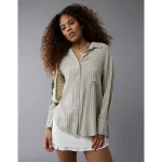 AE Long-Sleeve Tie Back Button-Up Shirt - Olive