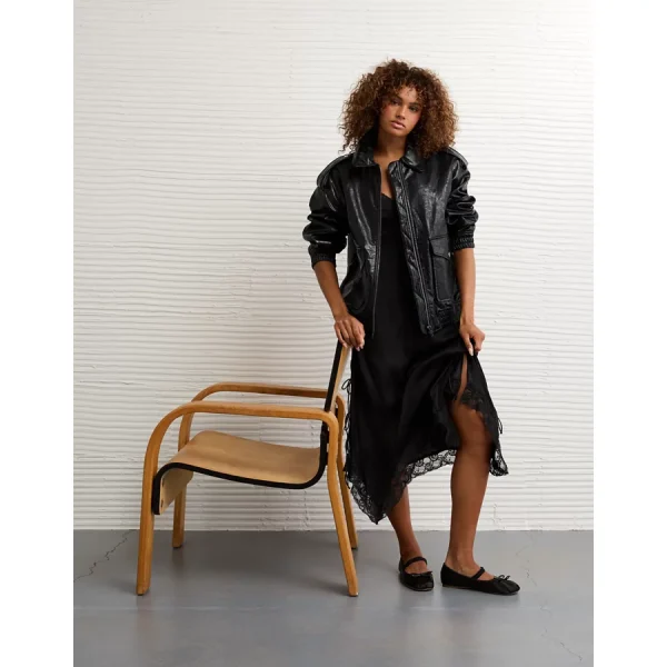 AE Oversized Vegan Leather Bomber Jacket - Black