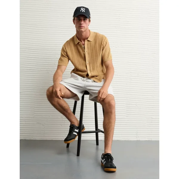 AE Weekend Washed Button-Up Sweater Polo Shirt - Khaki