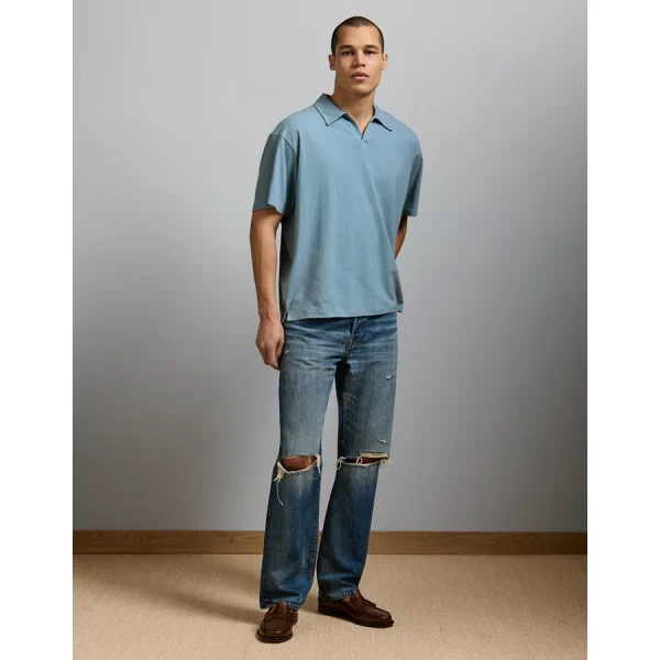 AE77 Premium Linen-Blend Polo Shirt - Light Blue