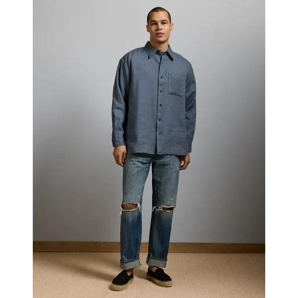 AE77 Premium Relaxed Linen Button-Up Shirt - Blue