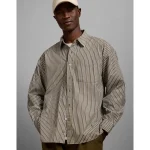 AE77 Premium Relaxed Striped Poplin Button-Up Shirt - Olive