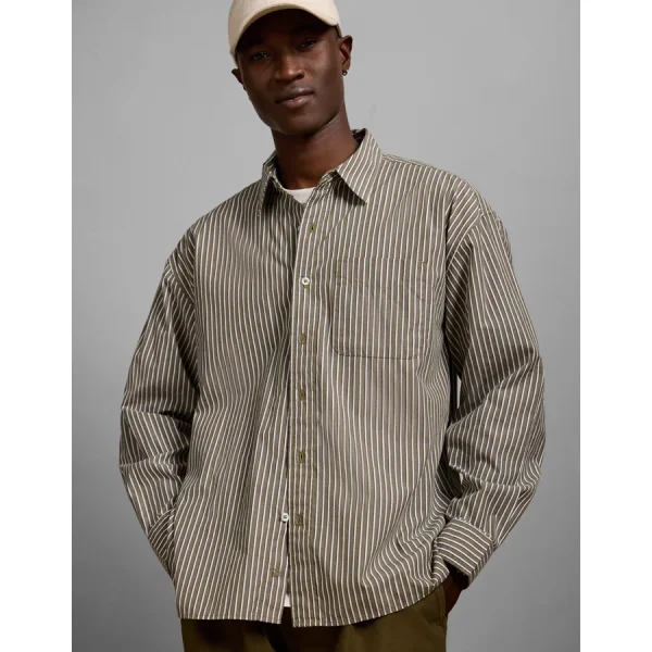 AE77 Premium Relaxed Striped Poplin Button-Up Shirt - Olive