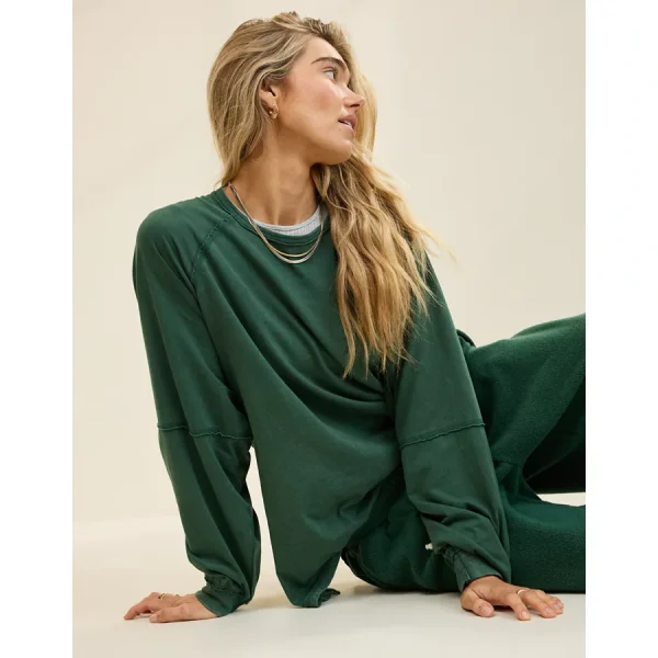 Aerie Cozy Long Sleeve Oversized Boyfriend T-Shirt - Rugged Green