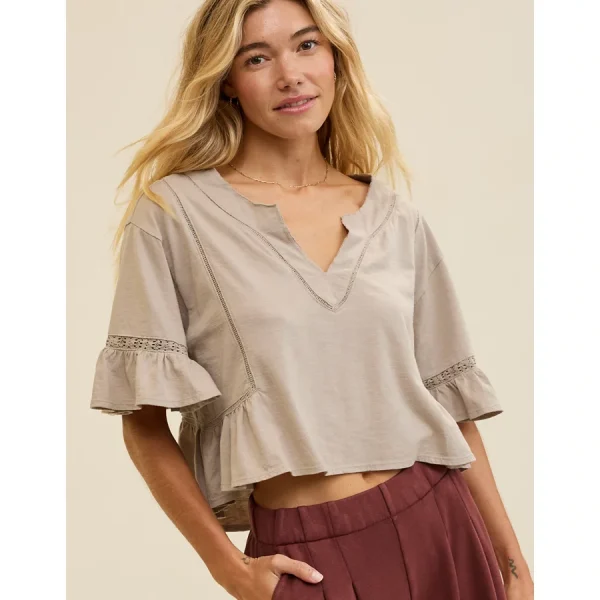 Aerie Flowy Cropped Notch Neck T-Shirt - Stone Harbor
