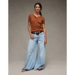 AE Henley Pointelle Sweater T-Shirt - Brown