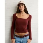 AE Long Sleeve Square Neck T-Shirt - Burgundy
