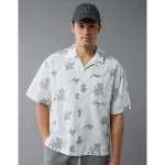 AE Poolside Linen-Blend Floral Button-Up Shirt - Cool White