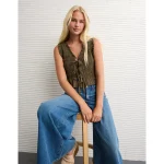 AE Tie-Front Smocked Tank Top - Olive