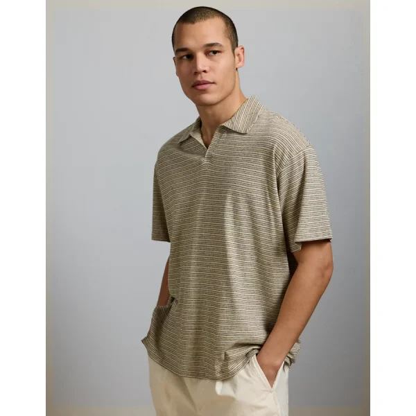 AE77 Premium Linen-Blend Polo Shirt - Khaki