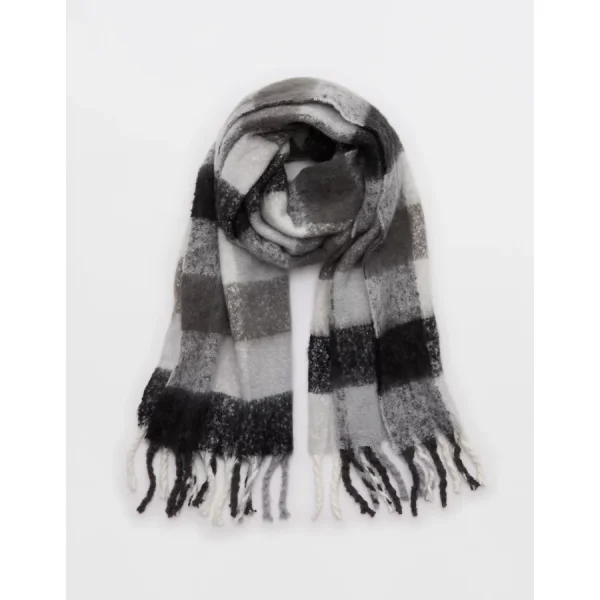 Aerie Fringe Plaid Blanket Scarf - Shell Gray