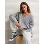 AE Big Hug V-Neck Waffle Sweatshirt - Light Heather Gray