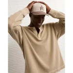 AE Boxy Washed Thermal Henley Shirt - Tan