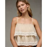 AE Chiffon Tiered Ruffle Tank Top - Light Khaki