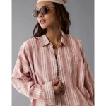 AE Go Big Linen-Blend Oversized Striped Shirt - Pink