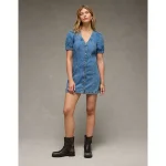 AE Puff Sleeve Denim Mini Shift Dress - Medium Wash