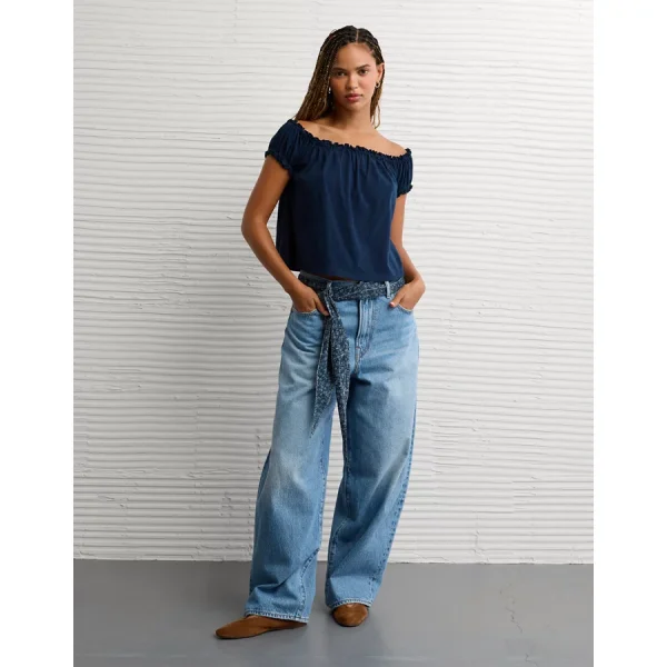 AE Sunchaser Knit Off The Shoulder Swing Top - Rich Navy